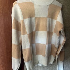 Checkerboard Knit Sweater in Cream and Tan